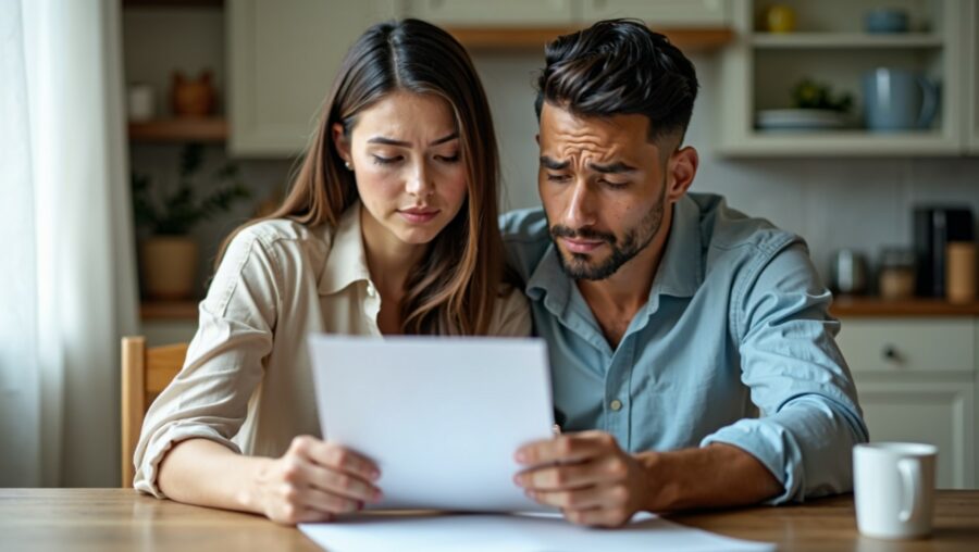 Distressed couple looking at pre-foreclosure notice